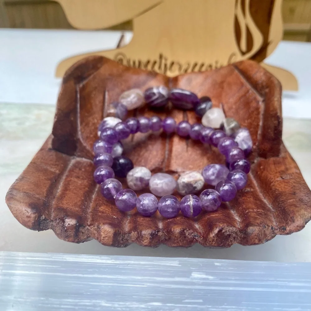 Purple Dream Amethyst Stone of Spirituality Nugget & Round Bead Bracelets 2pcs